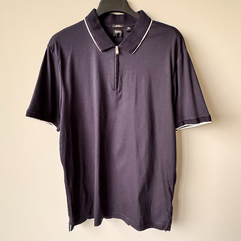 NWT Hugo Boss Slim Fit Mercerised Short Sleeve Zip Golf Shirt Navy